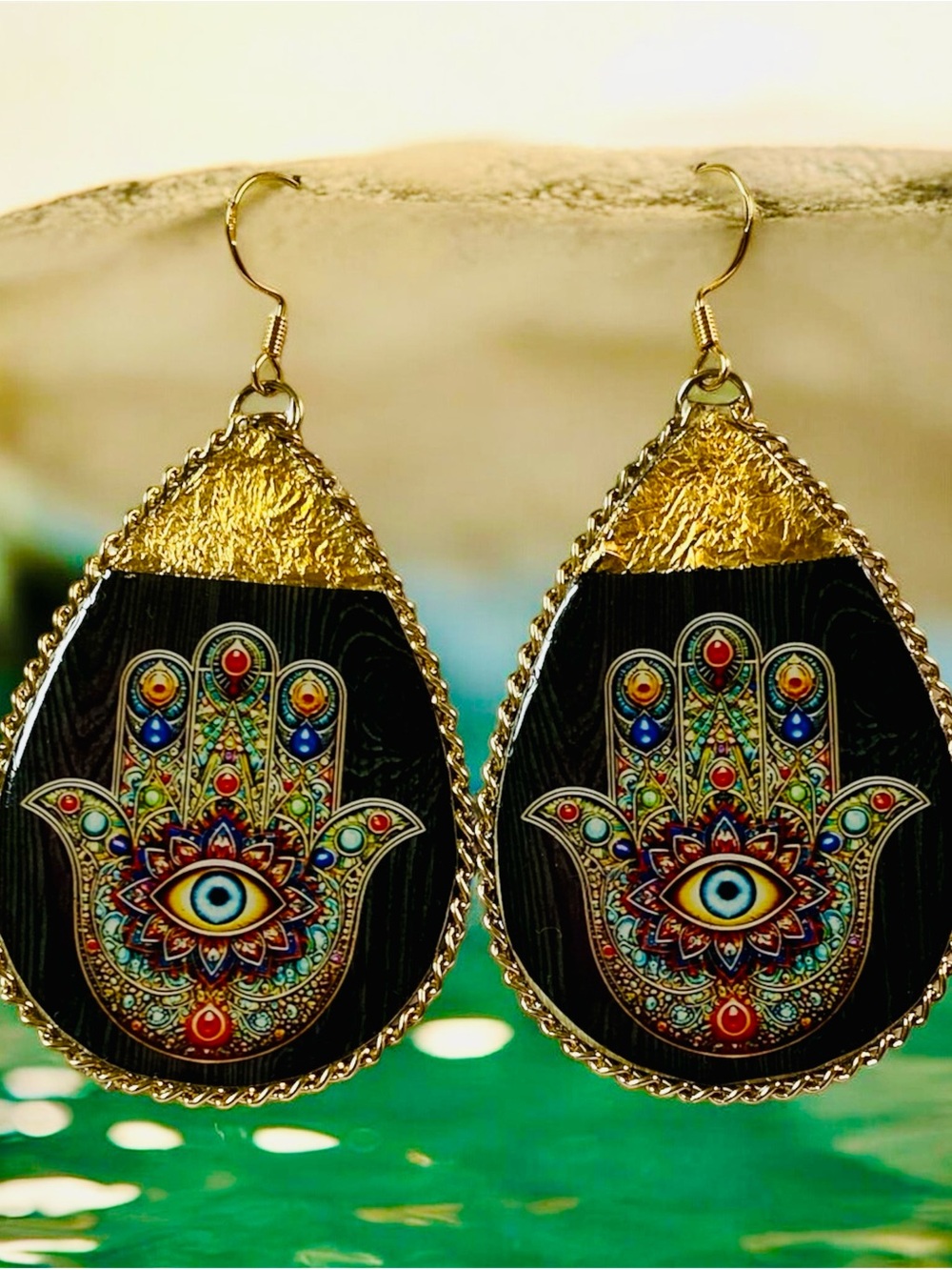 Gold Hand Of FatimaDrop Earrings with Multicolor Eye Accent